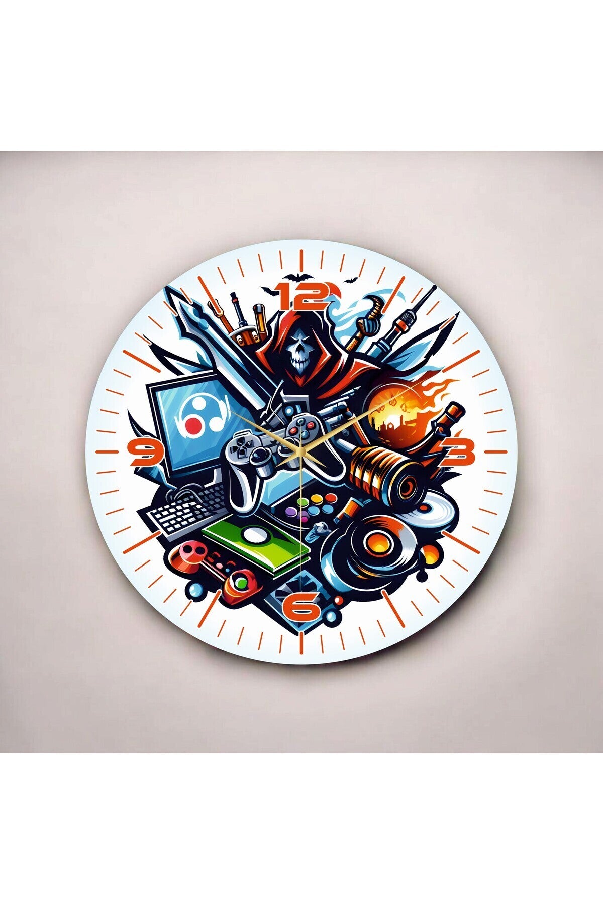 Gamer Tasarımlı Renkli Baskı Desenli Sayılı Hediyelik Ahşap Sessiz Tablo Duvar Saati