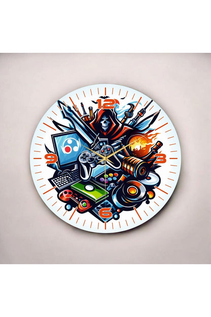 Gamer Tasarımlı Renkli Baskı Desenli Sayılı Hediyelik Ahşap Sessiz Tablo Duvar Saati