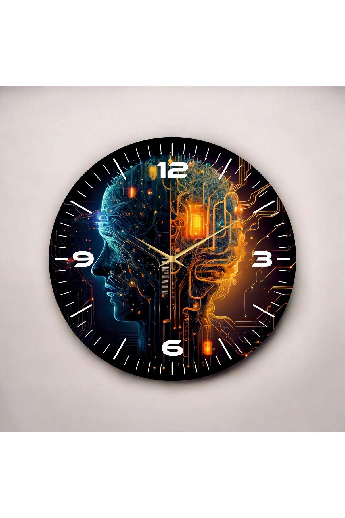 Renkli Baskı İnsan Makine Desenli Sayılı Hediyelik Ahşap Sessiz Tablo Duvar Saati