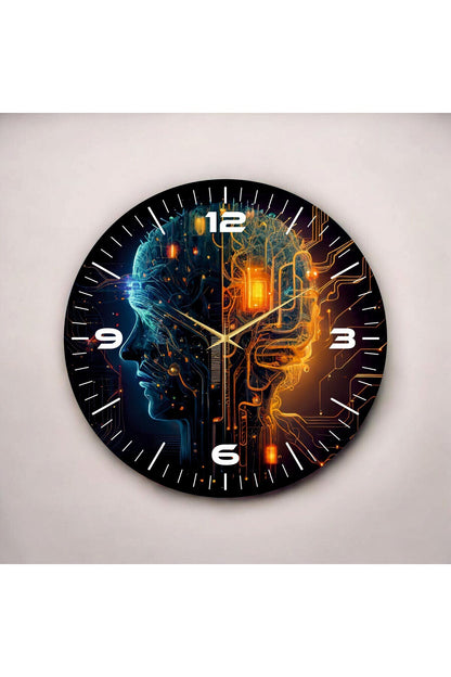 Renkli Baskı İnsan Makine Desenli Sayılı Hediyelik Ahşap Sessiz Tablo Duvar Saati