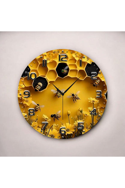 Kabartma Görünümlü Renkli Baskı Arı Desenli Sayılı Hediyelik Ahşap Sessiz Tablo Duvar Saati