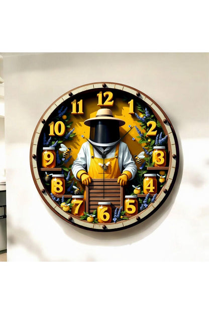 Renkli Baskı Arıcı Bal Desenli Sayılı Hediyelik Ahşap Sessiz Tablo Duvar Saati 45cm