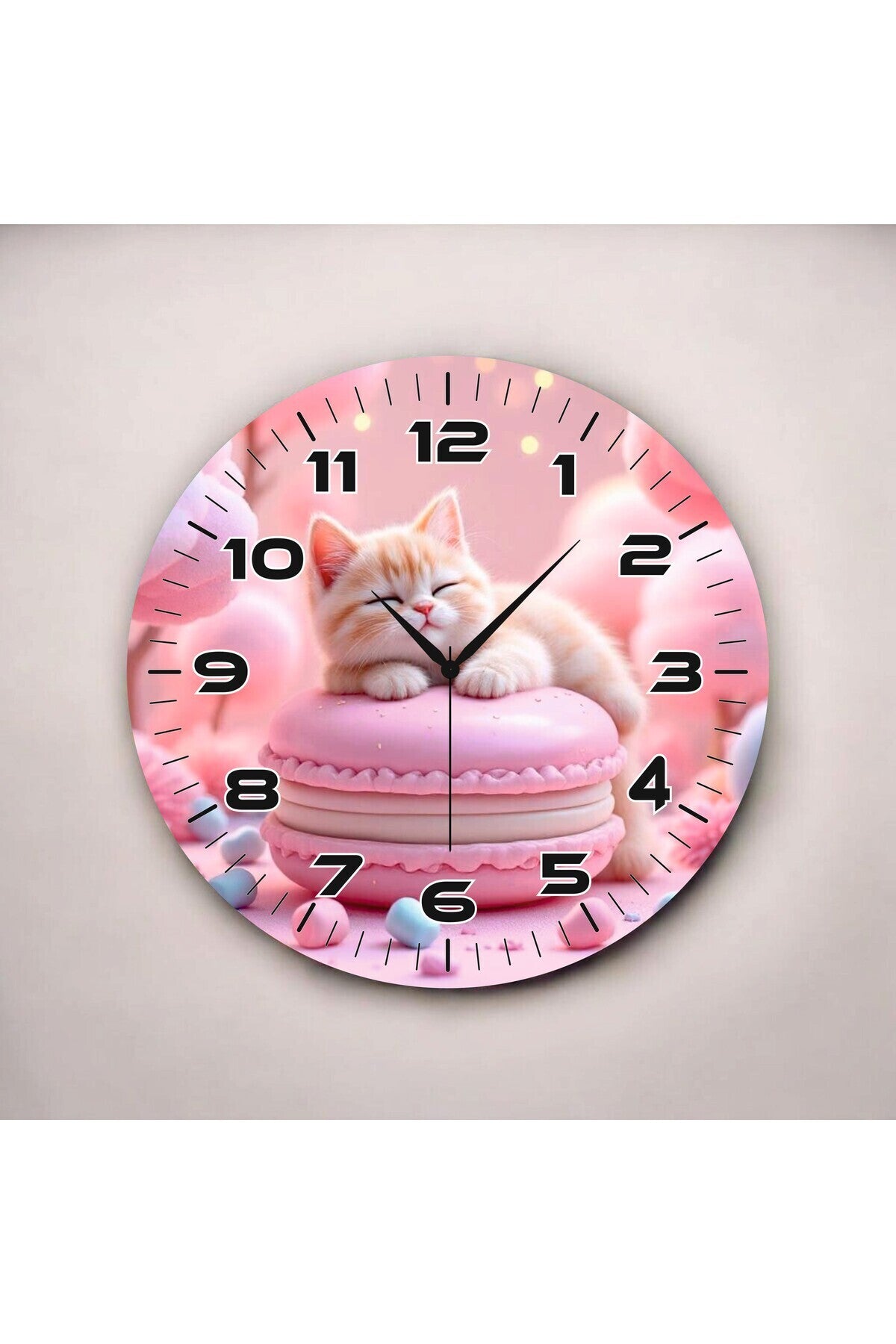 Pembe Kedi Renkli Baskı Hayvan Desenli Sayılı Hediyelik Ahşap Sessiz Tablo Duvar Saati