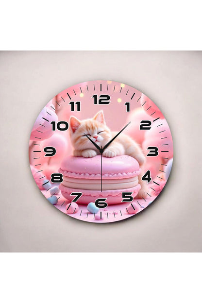 Pembe Kedi Renkli Baskı Hayvan Desenli Sayılı Hediyelik Ahşap Sessiz Tablo Duvar Saati