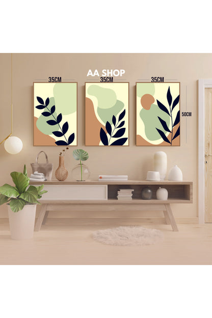 3 Parça Çiçek Yaprak Renkli Solmaz Kaliteli Baskı Çerçeve Görünümlü MDF Tablo Set 57