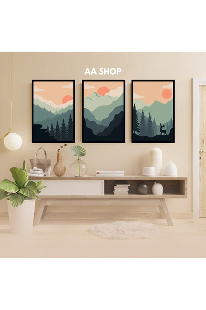 3 Parça Doğa Renkli Solmaz Kaliteli Baskı Çerçeve Görünümlü MDF Tablo Set 94