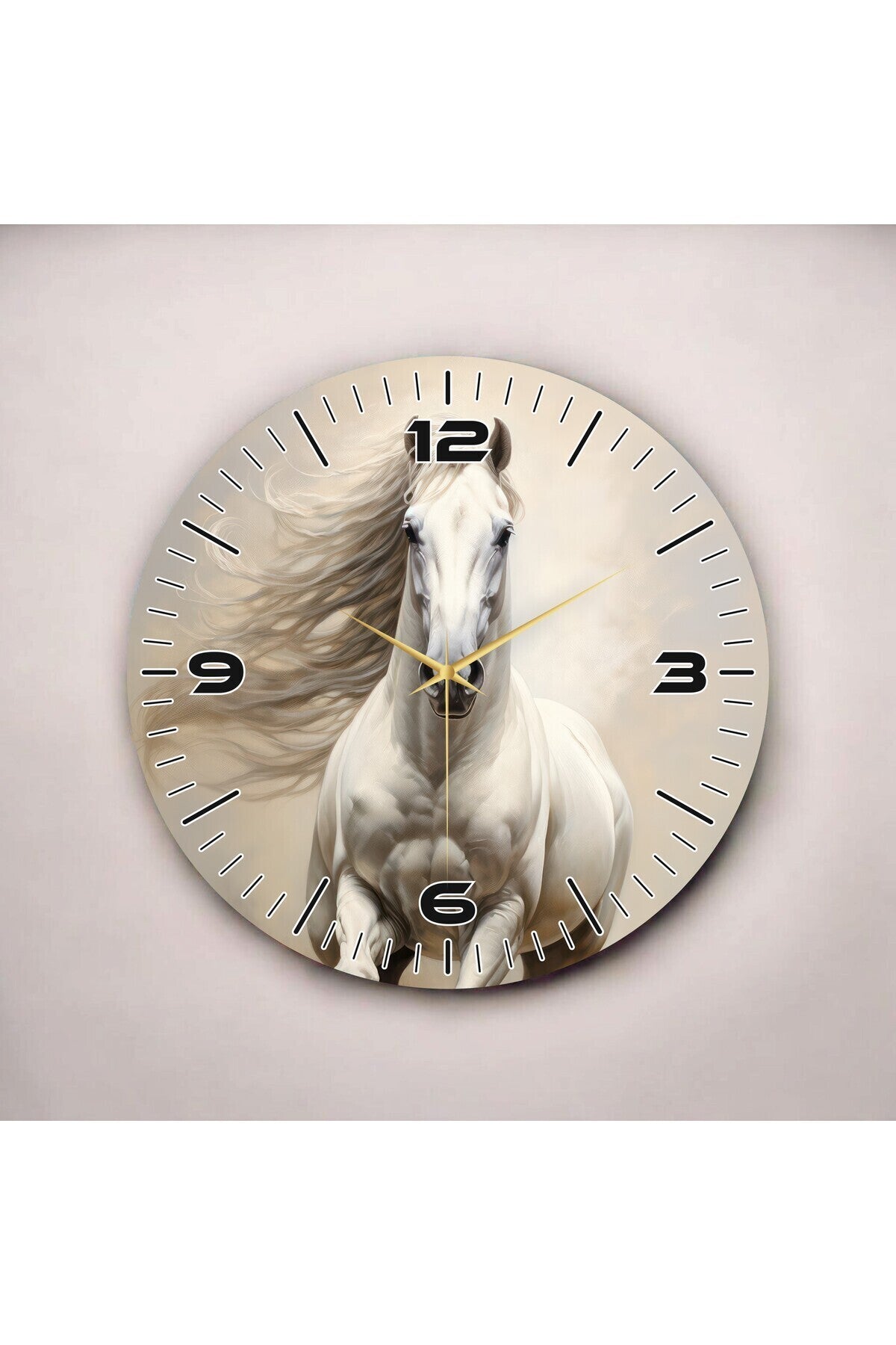 Şık Beyaz Renkli At Baskılı Hayvan Desenli Sayılı Hediyelik Ahşap Sessiz Tablo Duvar Saati