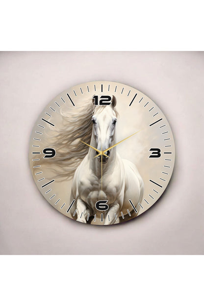 Şık Beyaz Renkli At Baskılı Hayvan Desenli Sayılı Hediyelik Ahşap Sessiz Tablo Duvar Saati
