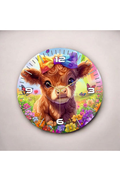 Renkli Baskı İnek Çocuk Desenli Sayılı Hediyelik Ahşap Sessiz Tablo Duvar Saati 50cm