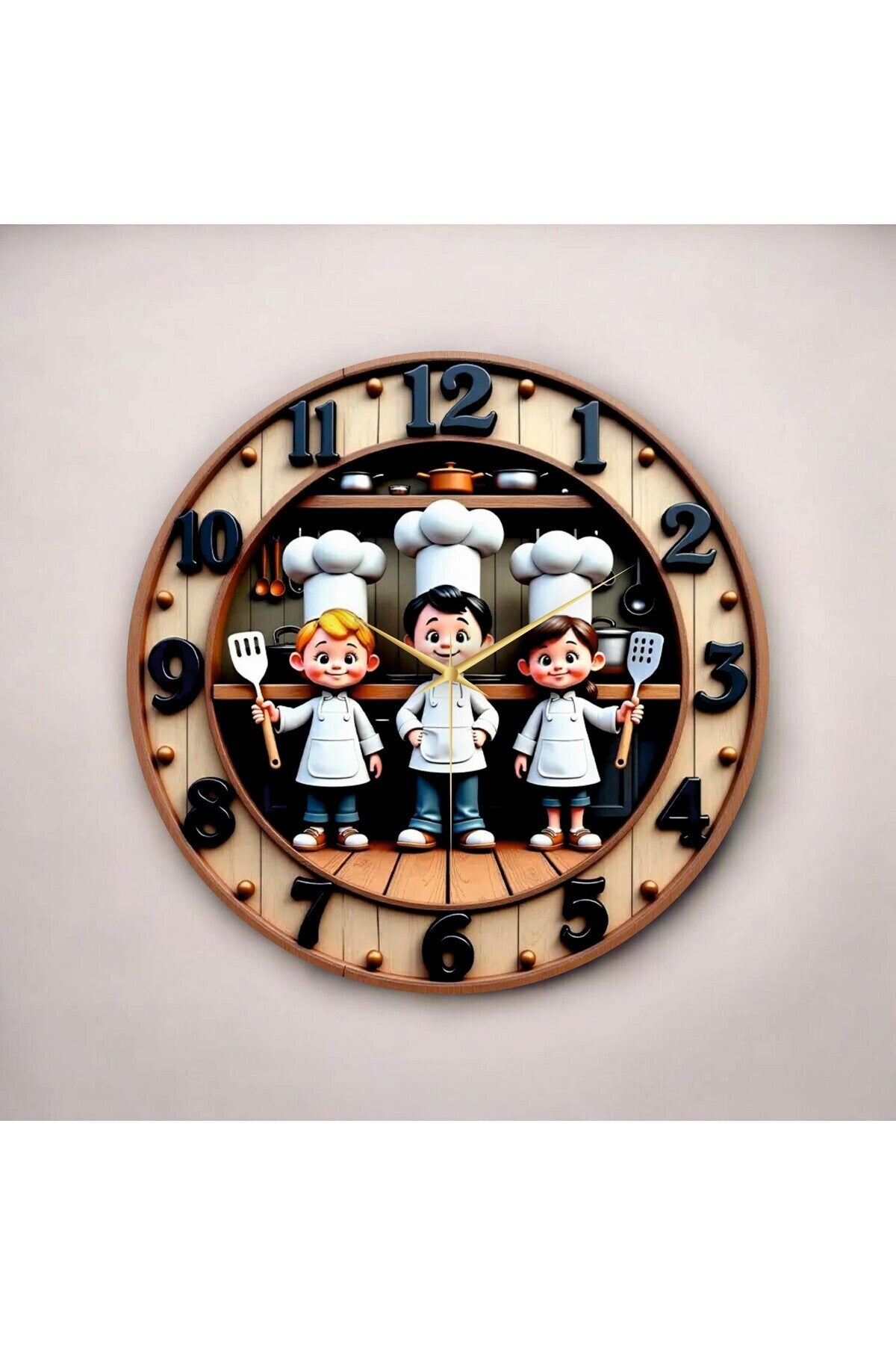 Çocuk Aşçılar Kabartma Görünümlü Renkli Baskı Desenli Sayılı Hediyelik Ahşap Sessiz Duvar Saati