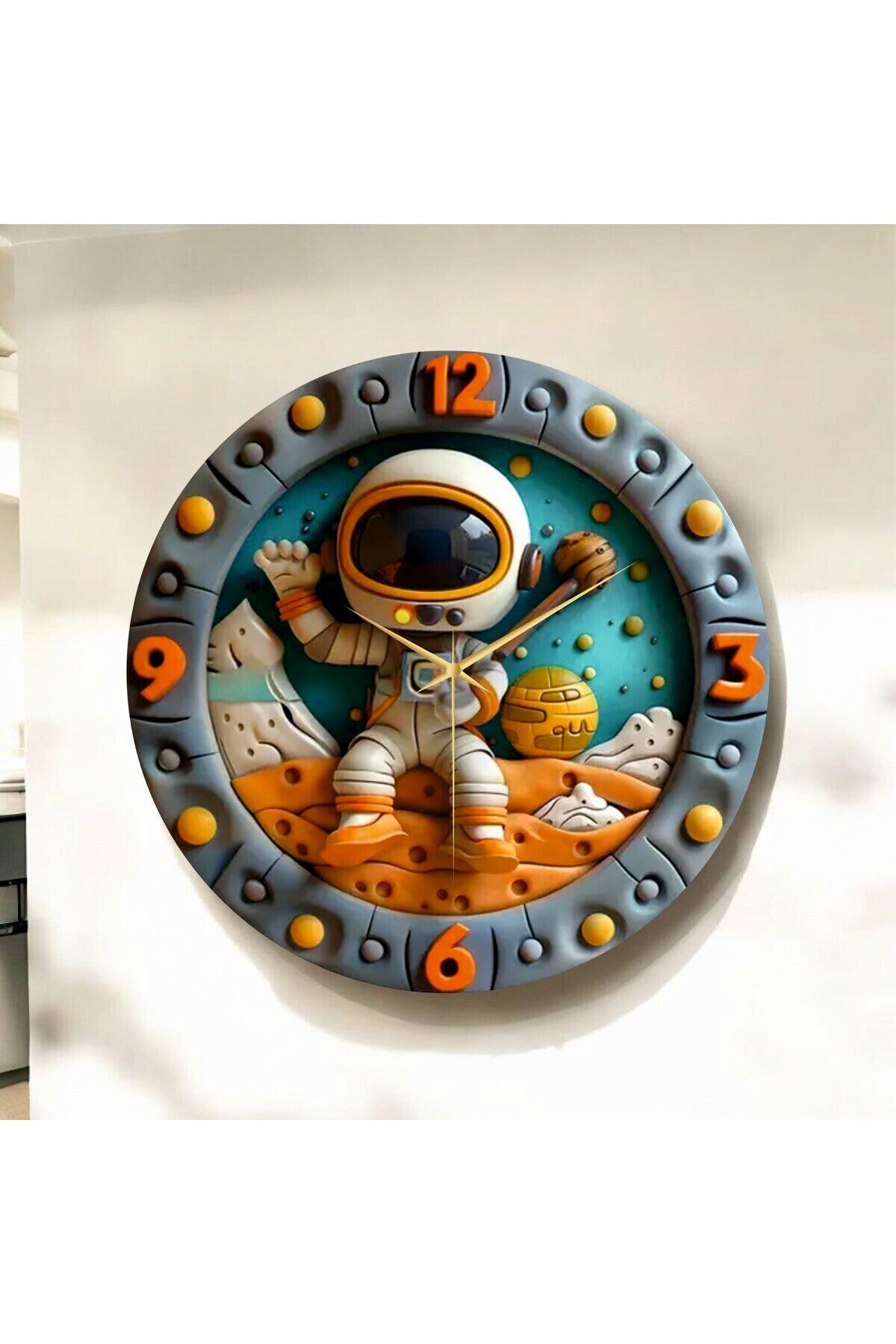 Renkli Baskı Astronot Uzay Çocuk Desenli Sayılı Hediyelik Ahşap Sessiz Tablo Duvar Saati