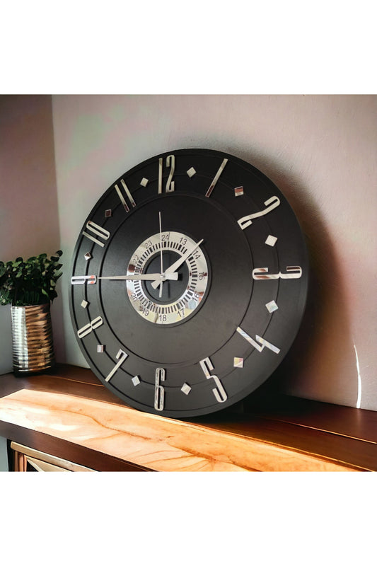 Siyah Renk Gümüş Sayılı Hediyelik Ahşap Dekoratif Farklı Desenli Ev Hediyelik Duvar Saati 50cm