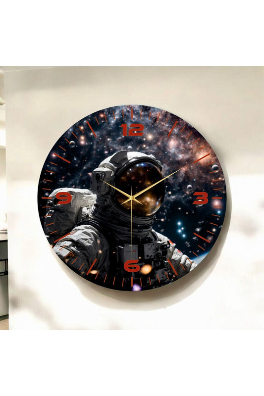 Renkli Baskı Astronot Uzay Desenli Sayılı Hediyelik Ahşap Sessiz Tablo Duvar Saati