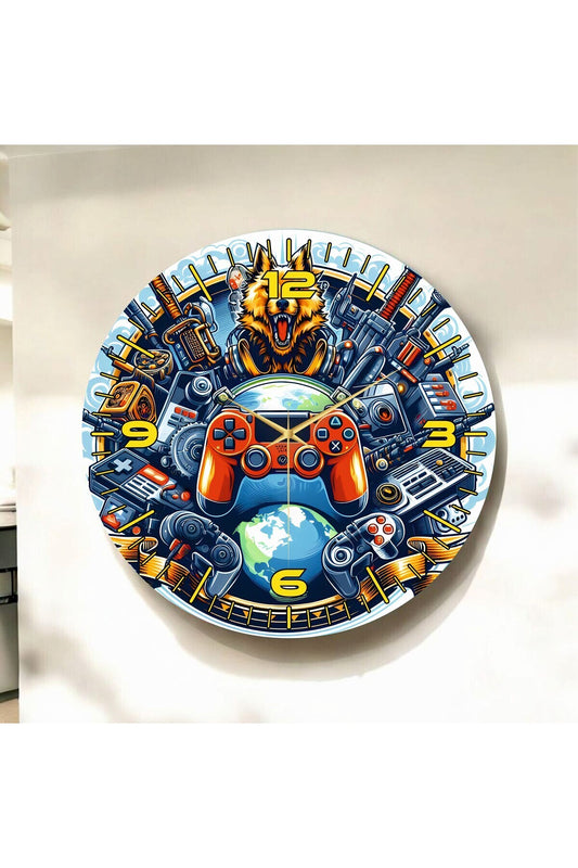 Gamer Oyuncu Renkli Baskı Desenli Sayılı Hediyelik Ahşap Sessiz Tablo Duvar Saati