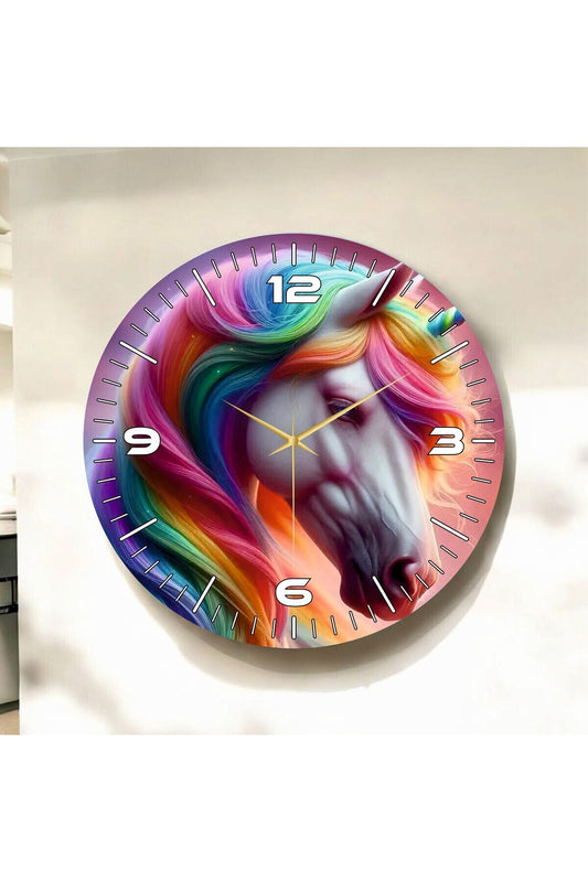 Renkli Baskı At Desenli Sayılı Hediyelik Ahşap Sessiz Tablo Duvar Saati