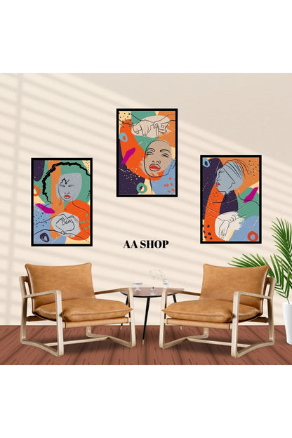 3 Parça Kadın Renkli Solmaz Kaliteli Baskı Çerçeve Görünümlü MDF Tablo Set 48