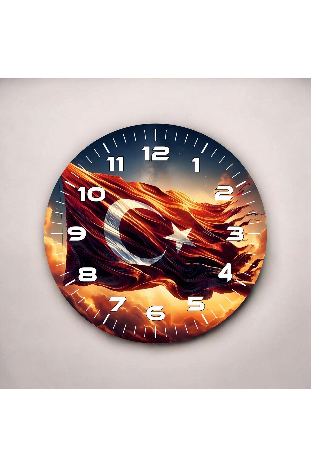 Renkli Baskı Türk Bayrağı Desenli Sayılı Hediyelik Ahşap Sessiz Tablo Duvar Saati