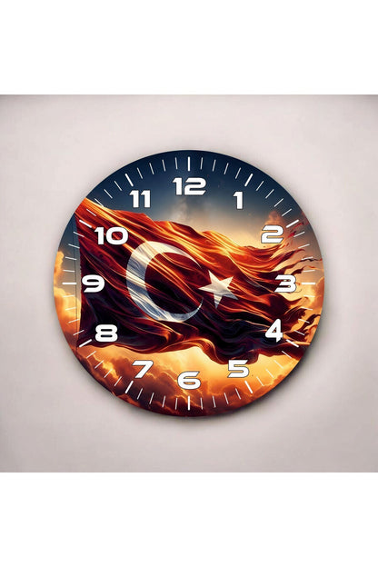 Renkli Baskı Türk Bayrağı Desenli Sayılı Hediyelik Ahşap Sessiz Tablo Duvar Saati
