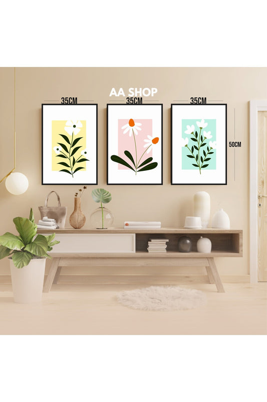 3 Parça Çiçek Papatya Renkli Solmaz Kaliteli Baskı Çerçeve Görünümlü MDF Tablo Set 53