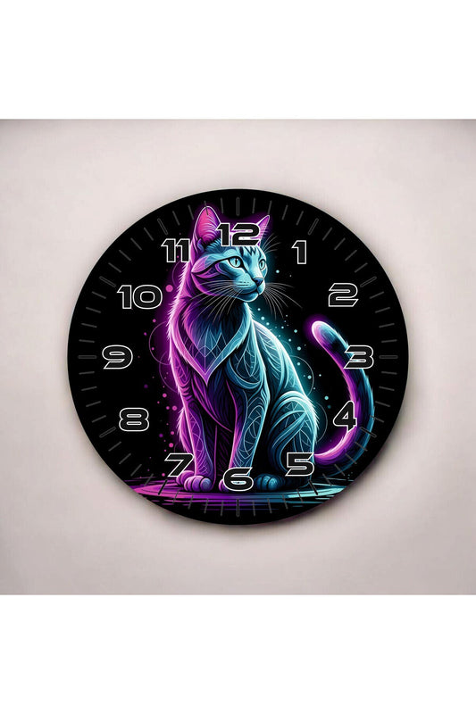 Mavi Mor Kedi Renkli Baskı Hayvan Desenli Sayılı Hediyelik Ahşap Sessiz Tablo Duvar Saati