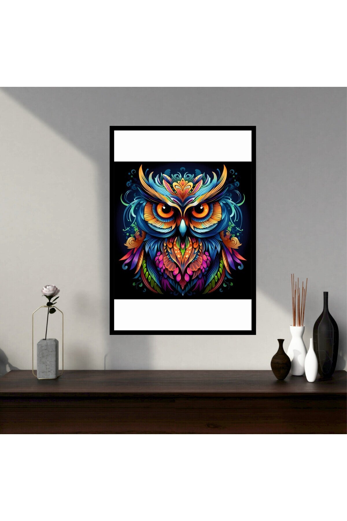 Baykuş Hayvan Büyük Boy Renkli Solmaz Kaliteli Baskı Çerçeve Görünümlü MDF Tablo 70x50cm 138