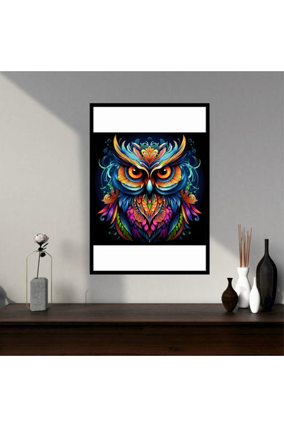 Baykuş Hayvan Büyük Boy Renkli Solmaz Kaliteli Baskı Çerçeve Görünümlü MDF Tablo 70x50cm 138