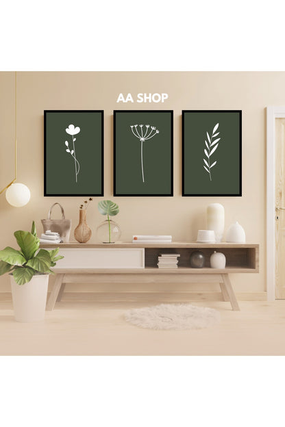 3 Parça Çiçek Yaprak Renkli Solmaz Kaliteli Baskı Çerçeve Görünümlü MDF Tablo Set 90
