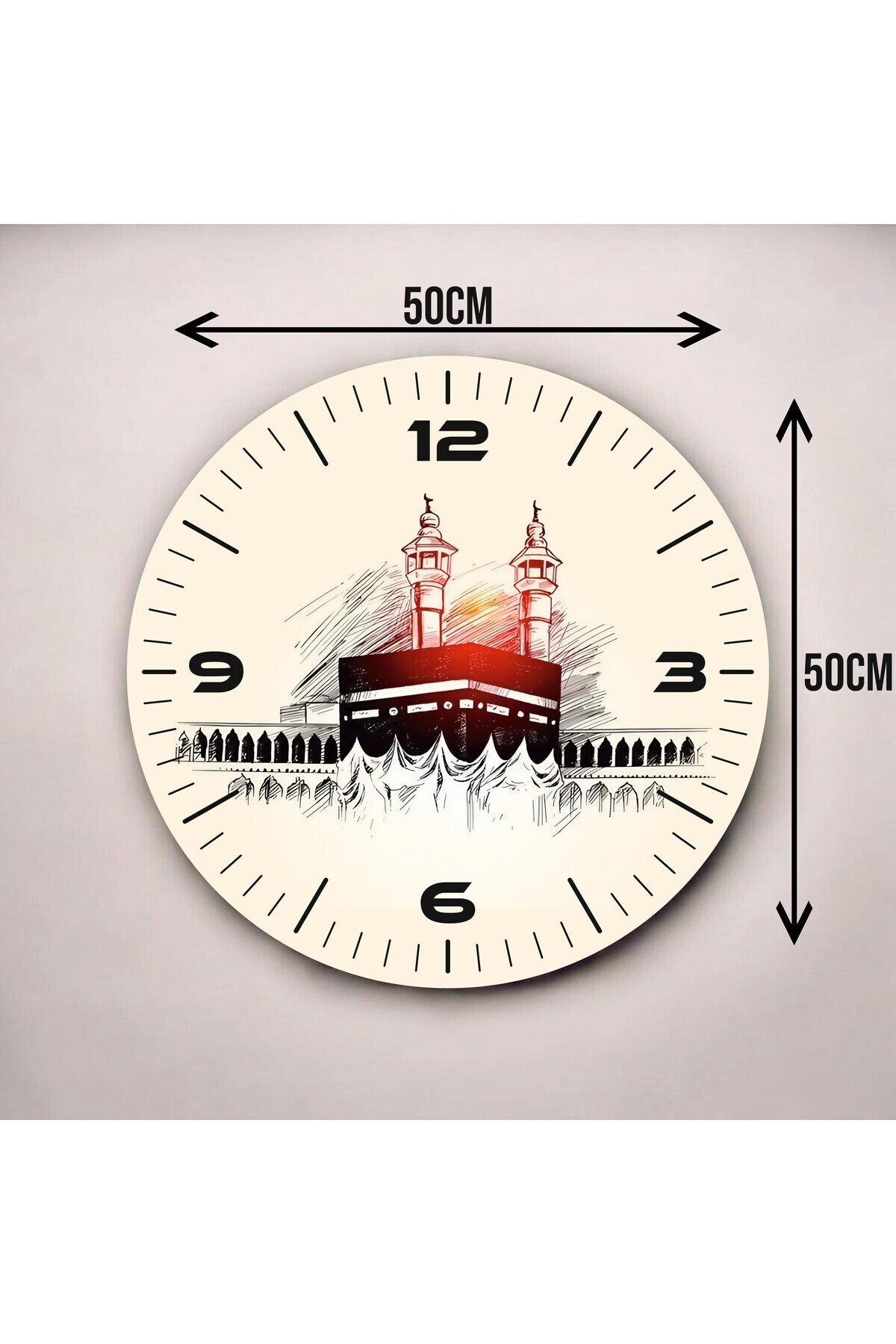 Renkli Baskı Kabe Dini Desenli Sayılı Hediyelik Ahşap Sessiz Tablo Duvar Saati