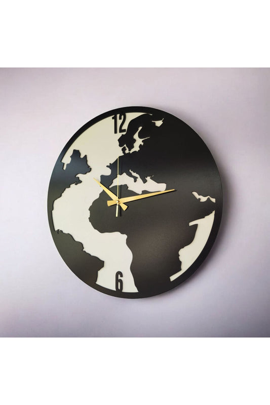 Dünya Haritası Ahşap Siyah Renk Sade Sayılı Hediyelik Sessiz Duvar Saati 50cm