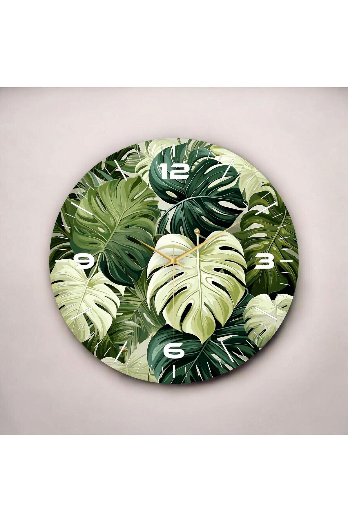 Renkli Baskı Yaprak Bitki Desenli Sayılı Hediyelik Ahşap Sessiz Tablo Duvar Saati
