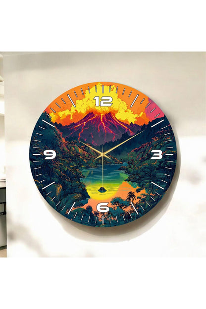Yanardağ Doğa Renkli Baskı Desenli Sayılı Hediyelik Ahşap Sessiz Tablo Duvar Saati 50cm