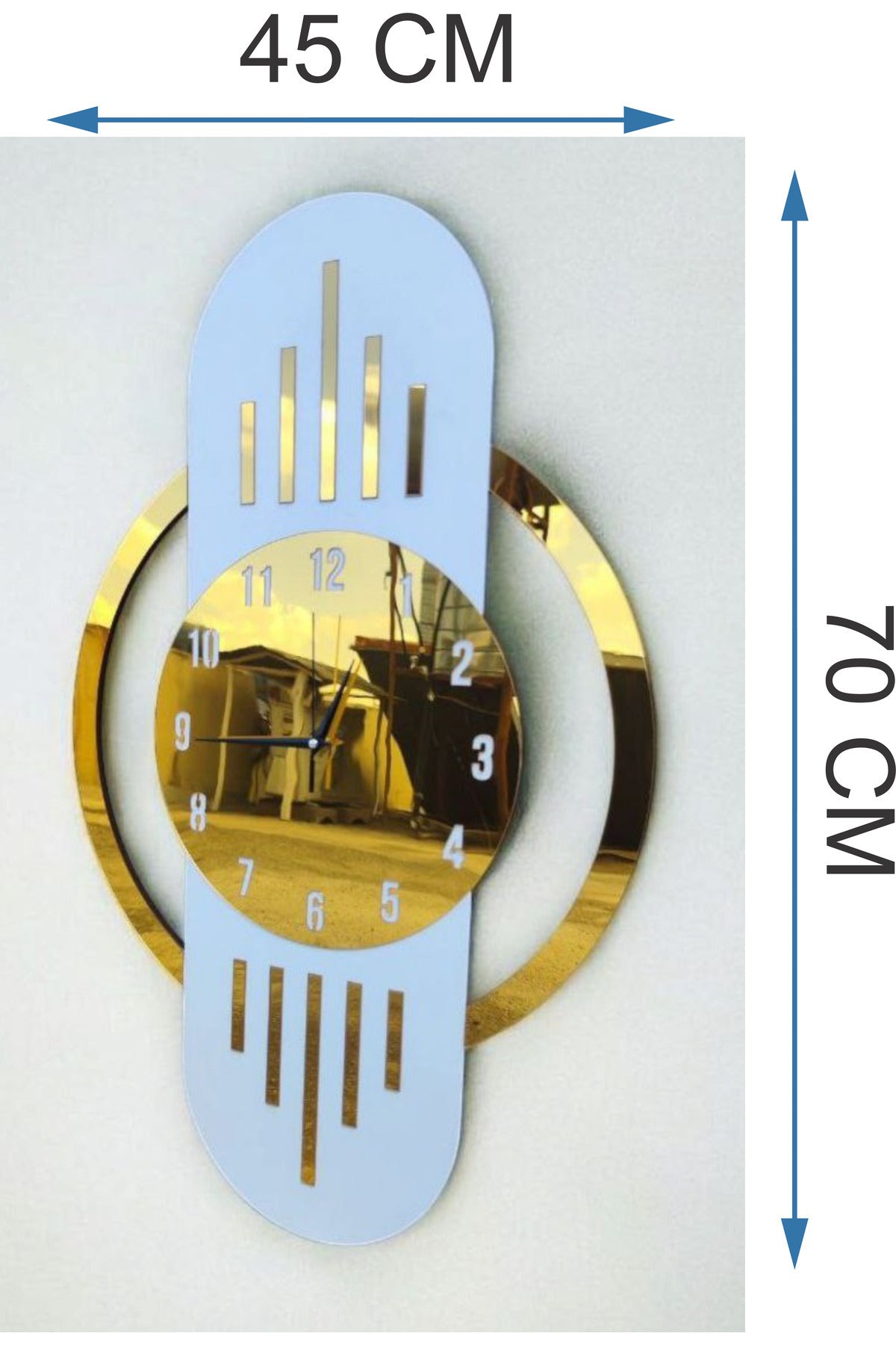 Beyaz Renk Gold Altın Sayılı Hediyelik Ahşap Dekoratif Sessiz Büyük Boy Duvar Saati 70cm