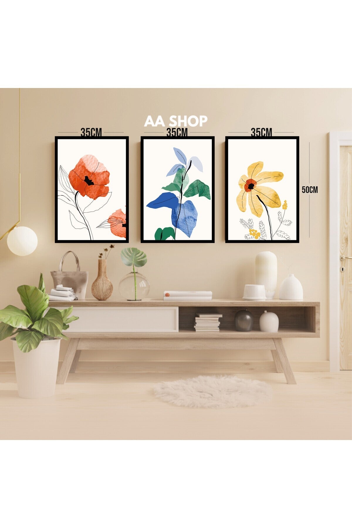 3 Parça Çiçek Yaprak Renkli Solmaz Kaliteli Baskı Çerçeve Görünümlü MDF Tablo Set 35