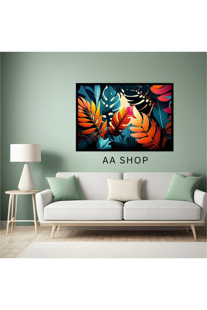 Çiçek Yaprak Büyük Boy Renkli Solmaz Kaliteli Baskı Çerçeve Görünümlü MDF Tablo 70x50cm 111