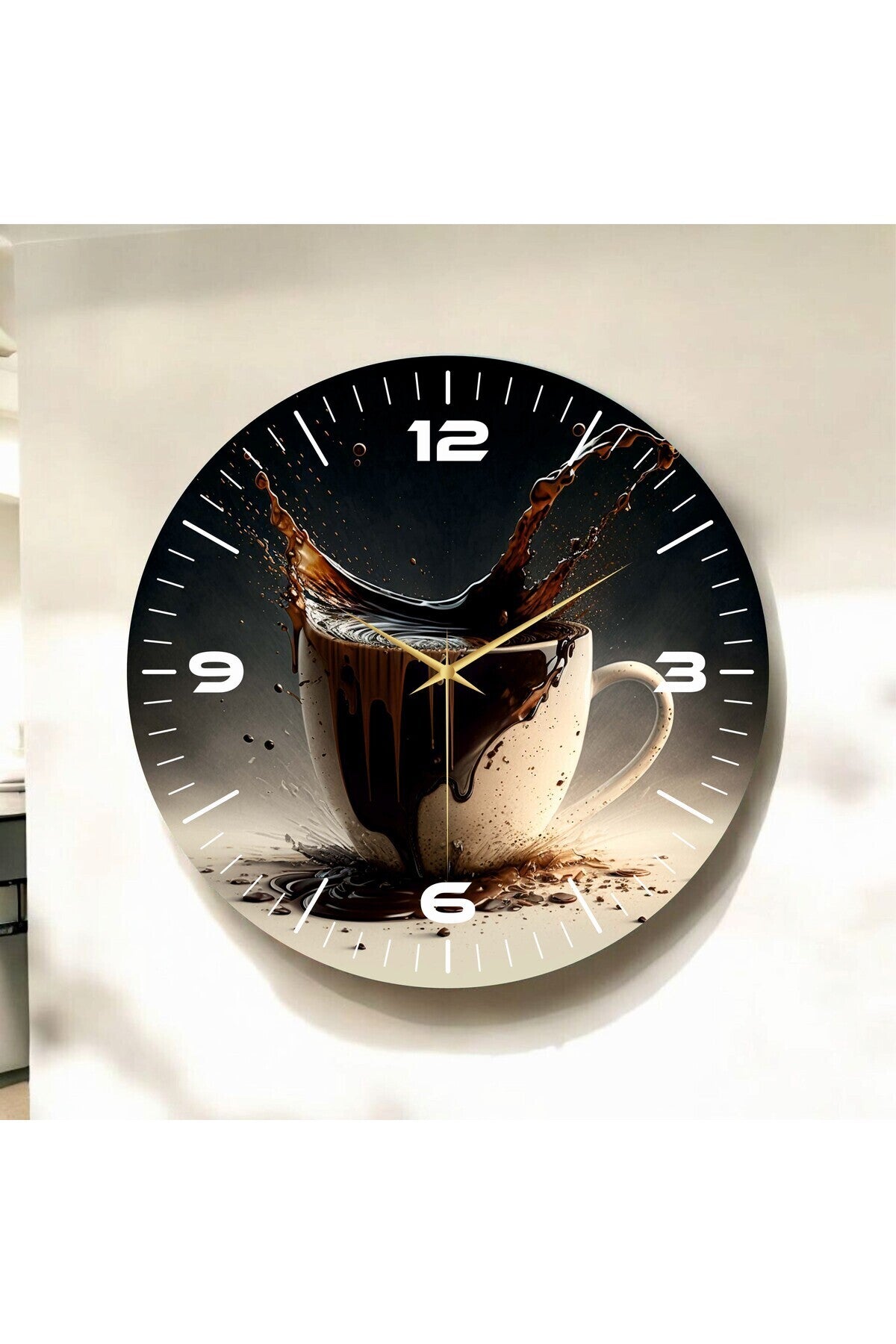 Gerçekçi Kahve Renkli Baskı Fincan Desenli Sayılı Hediyelik Ahşap Sessiz Tablo Duvar Saati