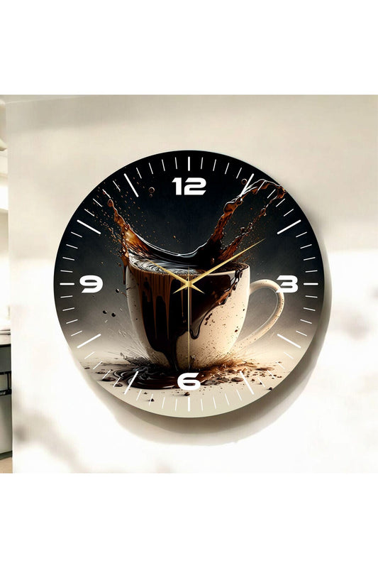 Gerçekçi Kahve Renkli Baskı Fincan Desenli Sayılı Hediyelik Ahşap Sessiz Tablo Duvar Saati