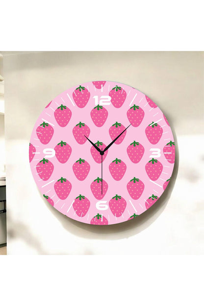 Pembe Renkli Baskı Çilek Desenli Sayılı Hediyelik Ahşap Sessiz Tablo Duvar Saati 50cm