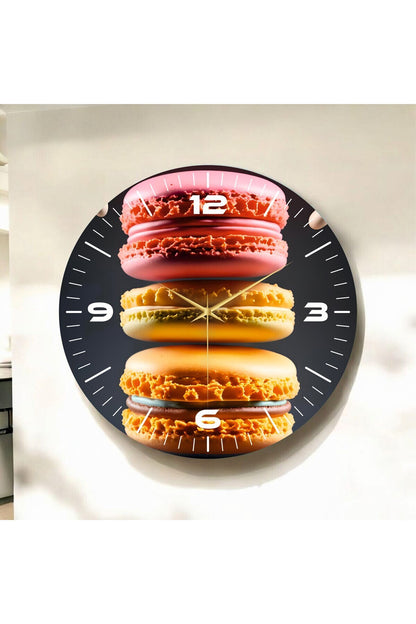 Renkli Baskı Makaron Desenli Sayılı Hediyelik Ahşap Sessiz Tablo Duvar Saati