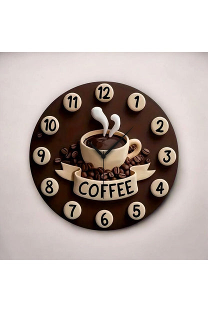 Kabartma Görünümlü Kahve Coffee Renkli Baskı Desenli Sayılı Hediyelik Ahşap Sessiz Duvar Saati