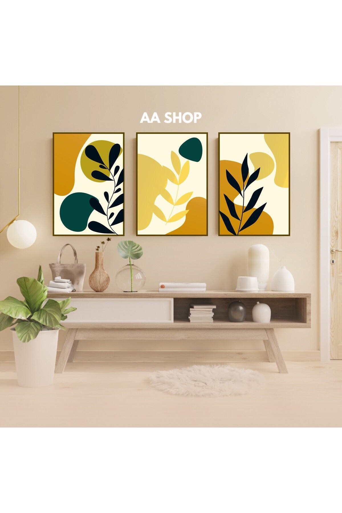 3 Parça Çiçek Yaprak Renkli Solmaz Kaliteli Baskı Çerçeve Görünümlü MDF Tablo Set 58