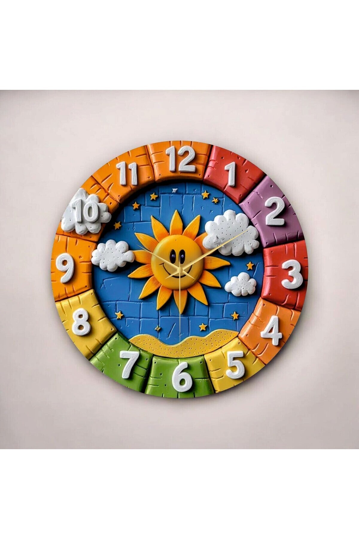 Renkli Baskı Güneş Çocuk Desenli Sayılı Hediyelik Ahşap Sessiz Tablo Duvar Saati