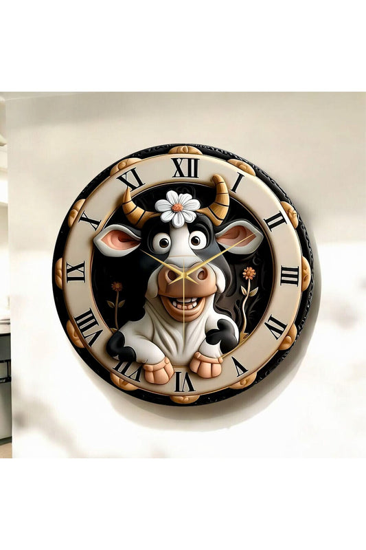 Renkli Baskı İnek Çocuk Desenli Sayılı Hediyelik Ahşap Sessiz Tablo Duvar Saati 50cm