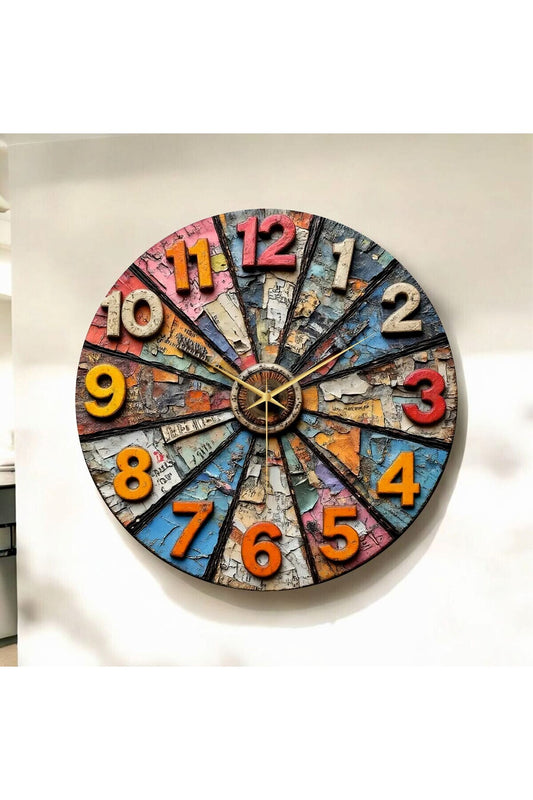 Renkli Baskı Desenli Sayılı Hediyelik Ahşap Sessiz Tablo Duvar Saati