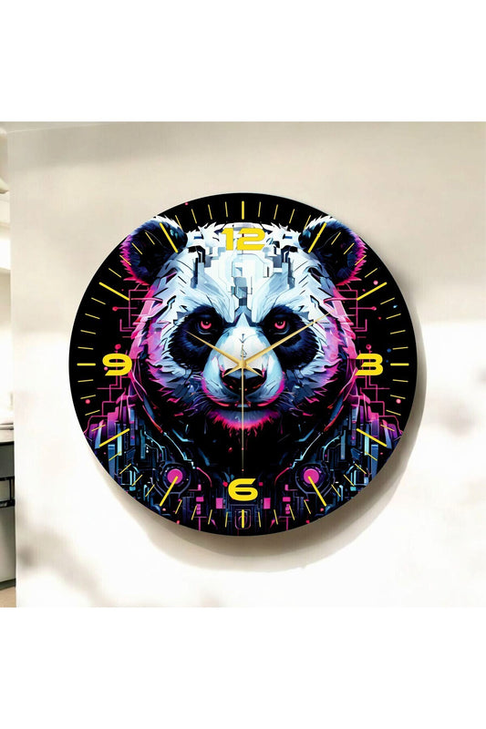 Renkli Baskı Panda Gamer Desenli Sayılı Hediyelik Ahşap Sessiz Tablo Duvar Saati