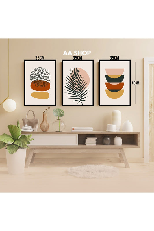 3 Parça Çiçek Yaprak Renkli Solmaz Kaliteli Baskı Çerçeve Görünümlü MDF Tablo Set 14