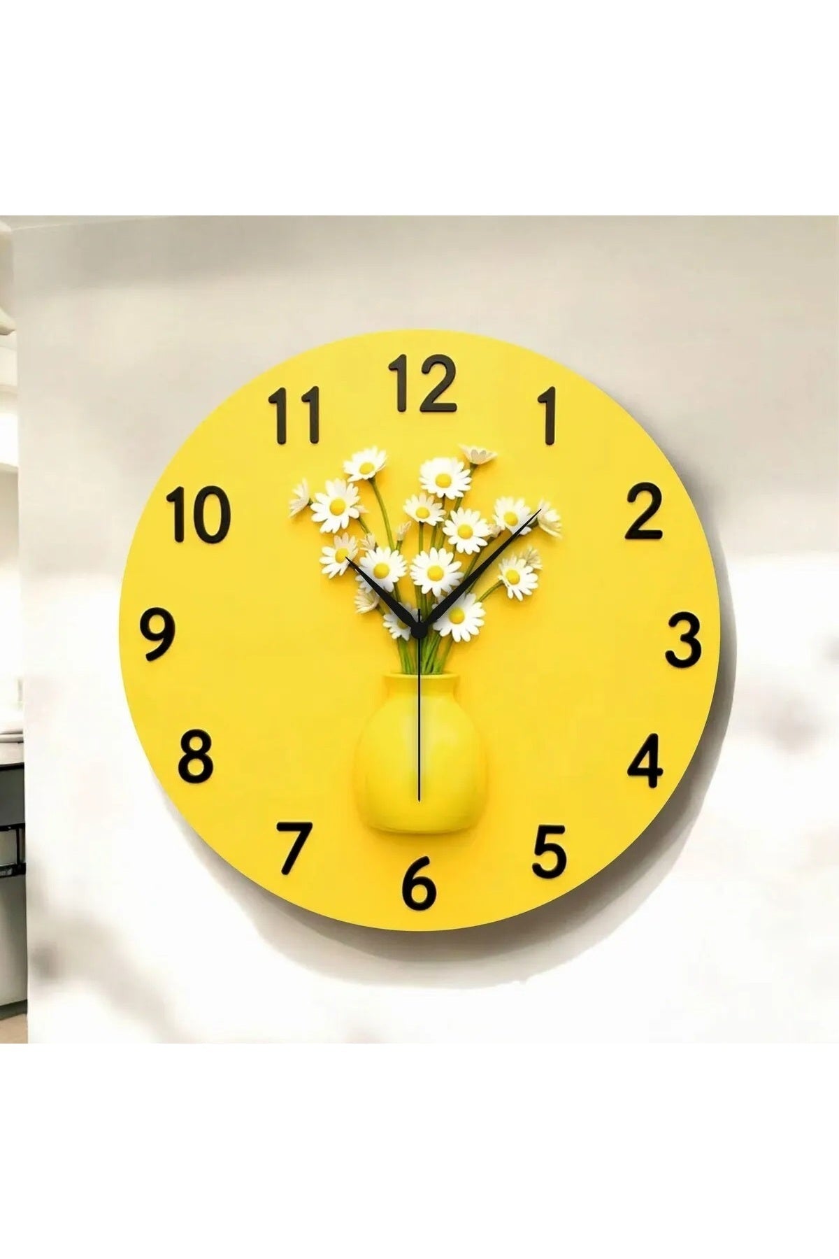 2D Kabartma Görünümlü Sarı Saksı Çiçek Papatya Renkli Sayılı Hediyelik Ahşap Sessiz Duvar Saati