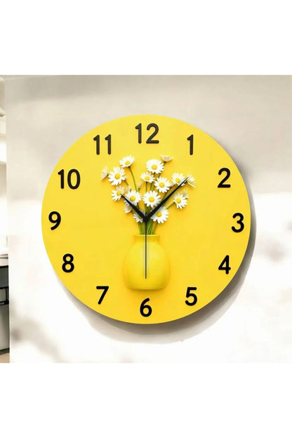 2D Kabartma Görünümlü Sarı Saksı Çiçek Papatya Renkli Sayılı Hediyelik Ahşap Sessiz Duvar Saati