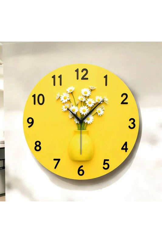 2D Kabartma Görünümlü Sarı Saksı Çiçek Papatya Renkli Sayılı Hediyelik Ahşap Sessiz Duvar Saati