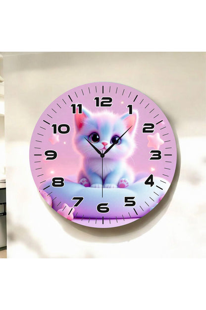 Yavru Kedi Pembe Renkli Baskı Desenli Sayılı Hediyelik Ahşap Sessiz Tablo Duvar Saati