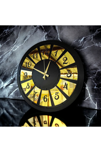 Siyah Renk Gold Sayılı Hediyelik Ahşap Dekoratif Farklı Desenli Ev Hediyelik Duvar Saati 50cm